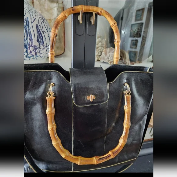 Monsac Women's Black Leather Purse Hangbag w/ Bamboo Handles - Picture 2 of 9